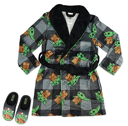 LEGO Star Wars Pajama Robe for Boys, Grogu Baby Yoda Robe with Bonus Slippers, Black Plaid, Little Kid Size 6/7