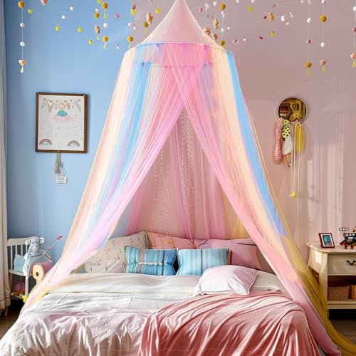 Mosquito Net Bed Canopy for Girls,Rainbow Canopy Bed Curtains Full Queen Size from Ceiling,Dome Mosquito Netting Bed Tent Twin Girls Princess Canopy King Bed Decor