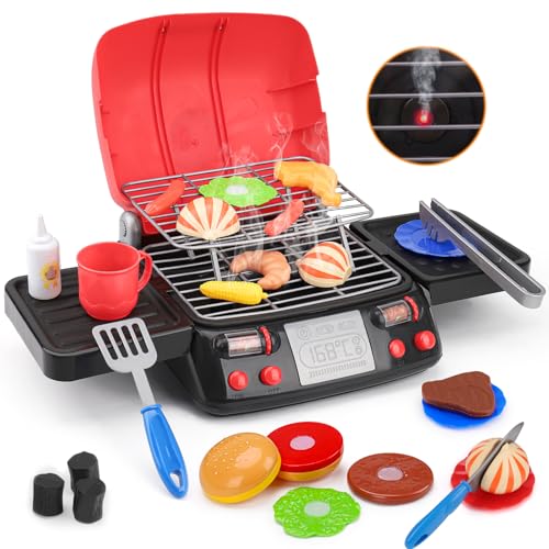 Kids Play Food Grill with Pretend Smoke Sound Light Kitchen Playset BBQ Accessories Camping Cooking Set Barbecue Toddler Girl Boy Toy 2 3 4 5 6 Year Old 4-8 Birthday Kid Toy Idea