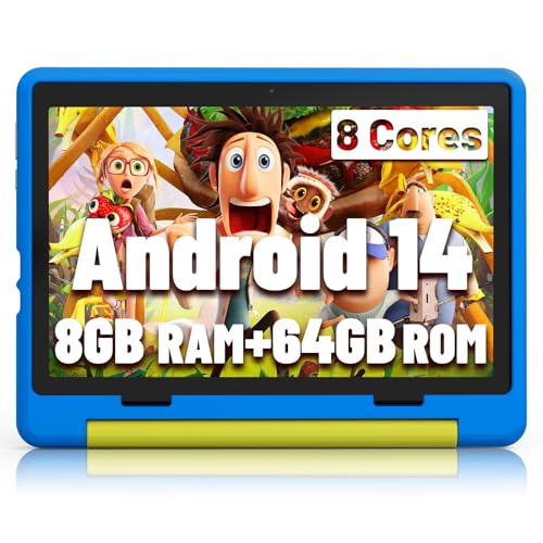 Jeazans Kids Tablet｜Upgraded Android 14 Tablet 10 inch for Kids with Protective Case｜Octa-Core｜64GB｜1TB TF Card Expandable｜Dual Camera｜Parental Control｜Pre-intalled KIDOZ｜Great Gift for Toddler(Blue)