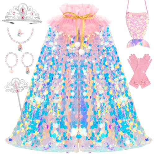 Meland Princess Dress Up for Girls 3-8, 11Pcs Mermaid Cape with Crown, Dress Up Clothes Birthday Gift Toys for Girls Toddlers