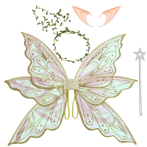 caretoto Gold Fairy Wings for Adults Dress Up Sparkling Sheer Butterfly Halloween Costume Angel Wings for Women Girls1