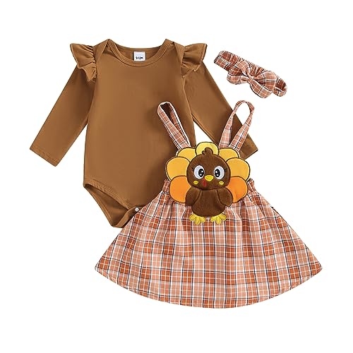 Frietlebird Baby Girl Thanksgiving Outfit Long Sleeve Romper Turkey Suspender Skirt Plaid Dress Headband My First Thanksgiving Outfit(B-Brown,6-9 Months)