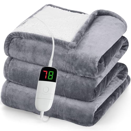 greenoak Heated Blanket Electric Throw 50'X60', Heating Blanket with 10 Heat Levels 1/2/4/6/8 Hours Auto-Off Overheat Protection, Flannel Sherpa Soft Warm Heater Blanket, ETL Certified Misty Grey