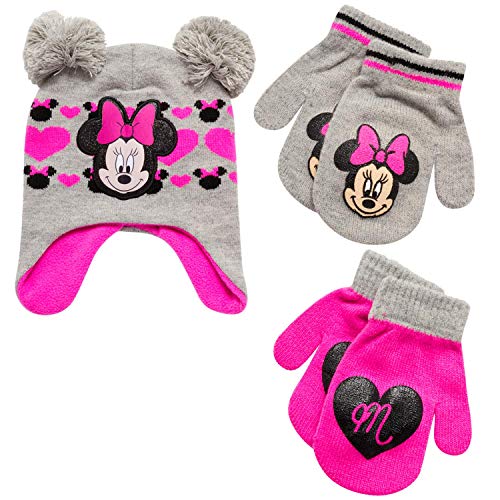 Disney Girls Minnie Mouse and Vampirina Winter Hat and 2 Pair Mitten or Glove Set (Toddler/Little Girl), Size Age 2-4, Minnie Pink/Heather Grey Print Mittens