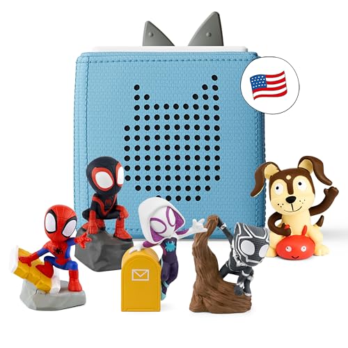 Toniebox Audio Player Starter Set with Spidey, Ghost-Spider, Spin, Black Panther, and Playtime Puppy - Listen, Learn, and Play with One Huggable Little Box - Light Blue