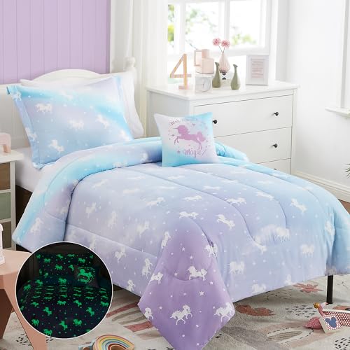 Kaleido Space KALEIDOSPACE Kids Twin Comforter Sets for Girls, Glow in The Dark Unicorn Bedding Sets -3 Pieces Lightweight Bed in A Bag