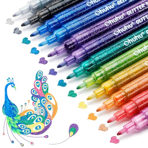 Ohuhu Glitter Markers Pen 12 Glitter Colors Metallic Shimmer Marker Fine Point Tip Water-based Ink for Kids Adults DIY Crafts Greeting Birthday Cards Making Poster Album Scrapbooking Mugs Wood