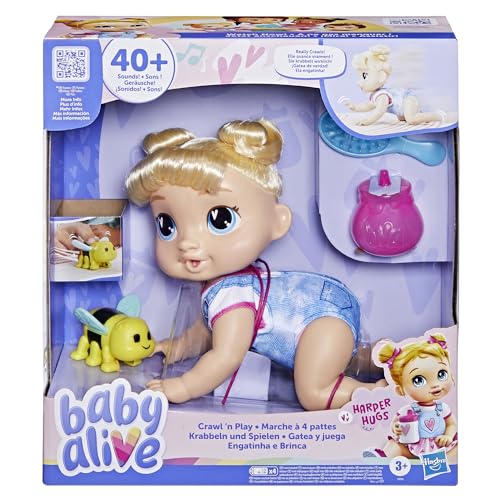 Baby Alive Crawl 'n Play Harper Hugs Electronic Crawling Baby Doll Set, Blonde Hair, Kids Toys for Girls & Boys 3 Years & Up, 10.75 Inches