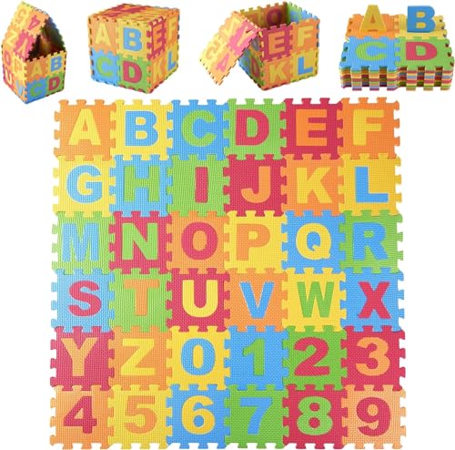 DIMPLE Kids Foam Play Mat (36-Piece Set) 6.25 x 6.25 Inches Interlocking Alphabet and Numbers Floor Puzzle Colorful EVA Tiles Girls, Boys Soft, Reusable, Easy to Clean