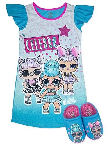 L.O.L Surprise! Girls Pajama Set, Dorm PJs with Slippers, Rocker Diva MC Swag Opal Q.T. Pearl Q.T (Girls 7/8, Turquoise)