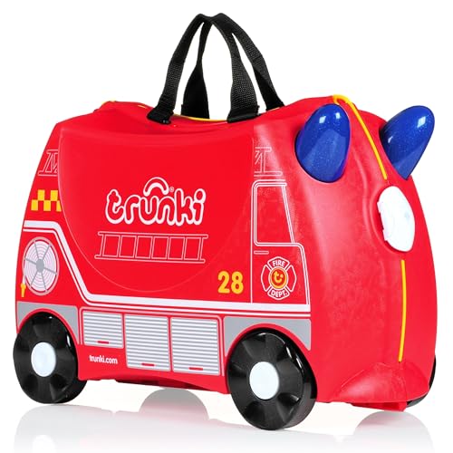 Trunki Ride-On Kids Suitcase | Tow-Along Toddler Luggage | Carry-On Cute Bag with Wheels | Kids Luggage and Airplane Travel Essentials: Frank Fire Truck Red