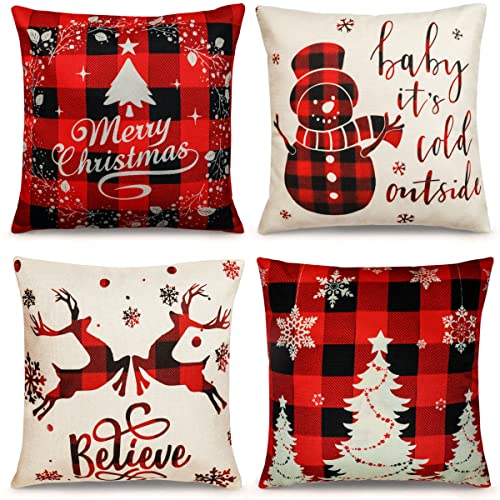 Christmas Pillow Covers 18×18 Inch Set of 4 Farmhouse Christmas Pillow Covers Christmas Pillow Cases for Sofa Couch Christmas Decorations Throw Pillow Covers