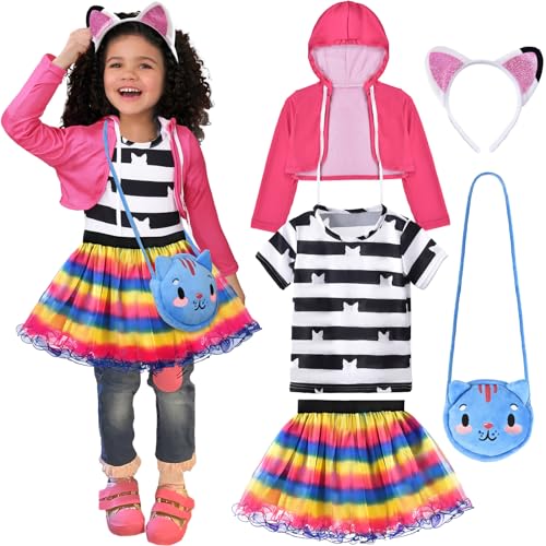 Latocos Girls Cat Costume with Rainbow Tutu Dress Jacket T-shirt Headband and Bag Halloween Birthday Party Outfits