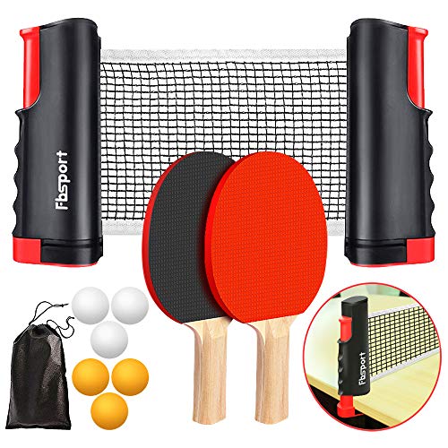 FBSPORT Ping Pong Paddle Set, Portable Table Tennis Set with Retractable Net, 2 Rackets, 6 Balls and Carry Bag for Children Adult Indoor/Outdoor Games