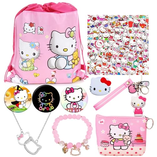 WTDZUCOI Kawaii Hello Pink Kitty Merch Stuff Gifts for Girls, Cute Anime Accessories Including Drawstring Bag, Small Purse, Bracelet, Keychain, Phone Holder, Button Pins, Necklace, Stickers