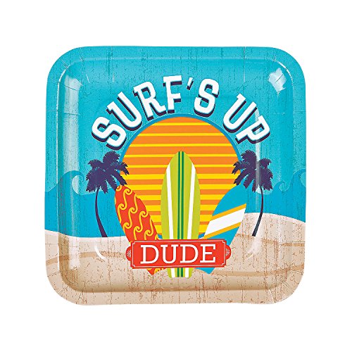 Fun Express Surf‘s Up Dude Luau Party Paper Dinner Plates - Summer Hawaiian Beach Wave Surfing Birthday Decorations - Surf Party Picnic Disposable Tableware for Boys - Party Supplies - 8 Pieces