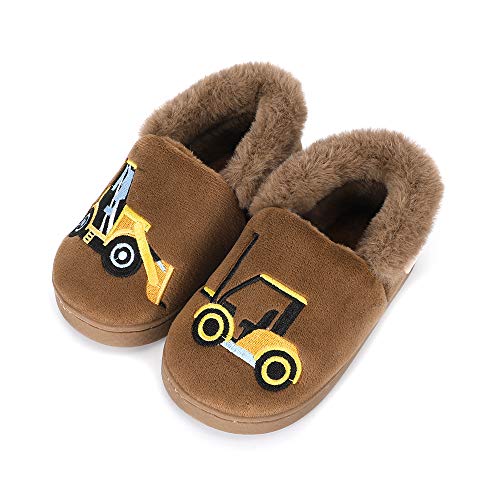 ESTAMICO Boys Girls Warm Slippers Cartoon Truck Kids Winter Indoor Household Shoes, Khaki 7-8 Toddler