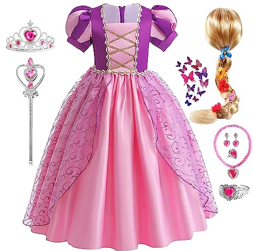 G.C Girls Rapunzel Dress Princess Dress Up Costume Toddler Puff Sleeve Dresses Wig Crown Wand Jewelry Necklace Halloween Cosplay Clothes Birthday Gifts Party Supplies