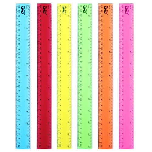 Mr. Pen- 12 Inch, 6 Pack, Assorted Colors, Kids Ruler for School with Centimeters and Inches, Plastic Standard Ruler, Clear