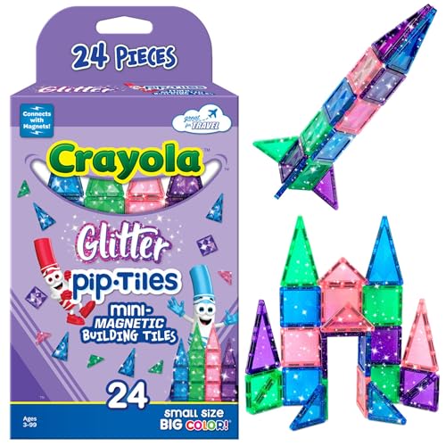 CreateOn Crayola Mini Magnetic PIP-Tiles, Building Set for Kids, Magnetic Building Toys for Kids, STEM Travel Toys for Boys and Girls Ages 3+, 24-Piece Set (Glitter)