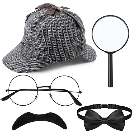 Kasyat 6 Pcs Detective Costume Accessories Adult Detective Hat Man Inspector Costume Set for Halloween Costume(Retro Style)