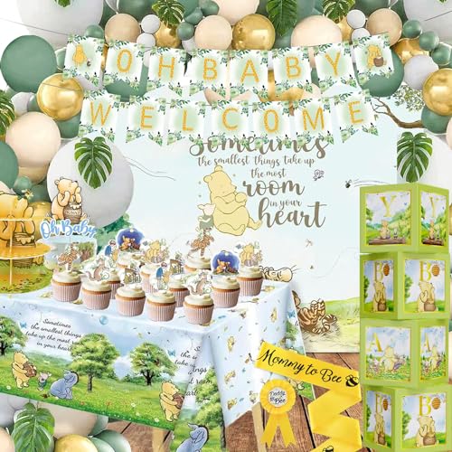 132pcs Classic Winnie Baby Shower Decorations Kit, All-in-1 Vintage Winnie Party Supplies Decorations, Classic The Pooh Backdrop Cake Topper, Winnie Baby Tablecloth Box Decorations for Baby Shower