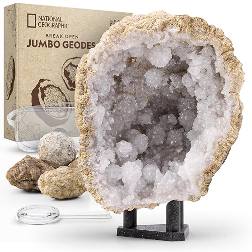 NATIONAL GEOGRAPHIC Break Open 5 Jumbo Geodes - Earth Science Kit with 5 Premium, Extra-Large Geodes with Crystals, Goggles & Display Stands, Science Gifts, Fun Stuff for Kids (Amazon Exclusive)