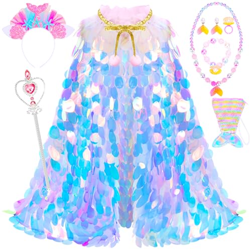 LIMIROLER Princess Dress Up Toys Princess Dress Up Clothes Rainbow Mermaid Cape Kit 9 Pcs Gift Set for Little Girls 3-8 Years Old, Great Gift Set for Birthday Christmas Halloween (Rainbow Pink)