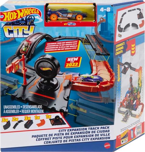 Hot Wheels Toy Car Track Set Pack, 10 Track-Building Parts with City Square, Bridge & 1:64 Scale Vehicle, Connects to Other Tracks