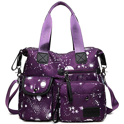 Women's Tote Bag with Multiple Pockets & Zipper,Nurse Bags for Work Nursing Bag,Nylon Tote Handbag for Women,Large Shoulder Handbag Purse,Waterproof Galaxy Cross body Bag for Travel (Purple)