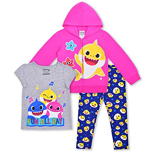 Nickelodeon Baby Shark Girls 3 Piece T-Shirt, Zip Up Hoodie and Leggings Pants Set for Toddler and Little Kids