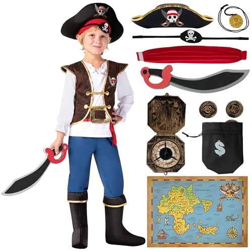 Spooktacular Creations Halloween Pirate Costume Kids, Blue Boys Pirate Costume Set, Pirate Accessories Costume for Toddler Dress-Up, Themed Party (Toddler 3-4)