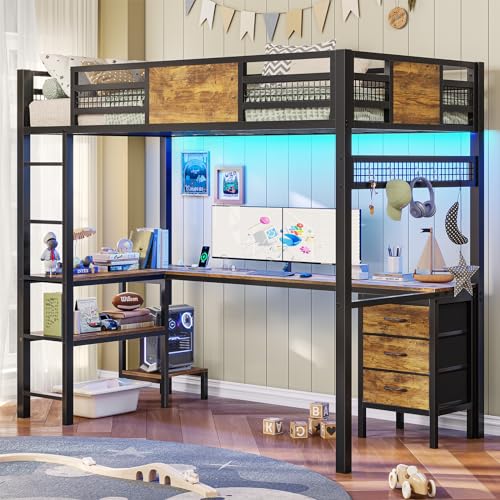 ADORNEVE Loft Bed Twin Size with L-Shaped Desk, LED Lights,Charging Station, Twin Metal Loft Bed Frame with Fabric Drawers & Shelve, 13.4' H Safety Guardrail, No Box Spring Needed, Black