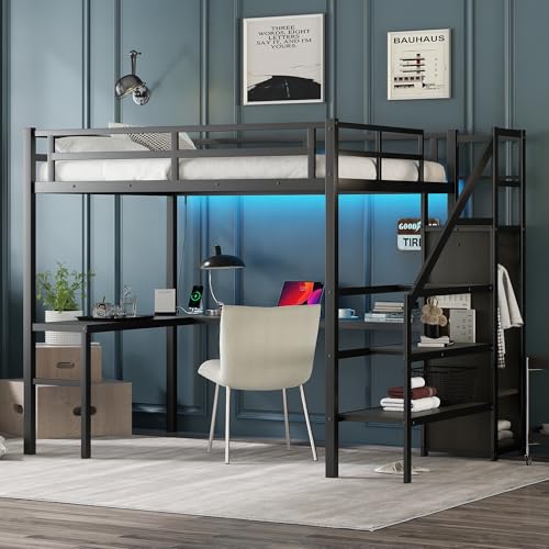 Full Size Metal Loft Bed with Desk and Wardrobe,Heavy Duty Loft Bed Frame with Storage Stairs,LED Loft Bed Full with Charging Station, Space Saving Loft Bed Full for Kids,Teens,Adults,Black