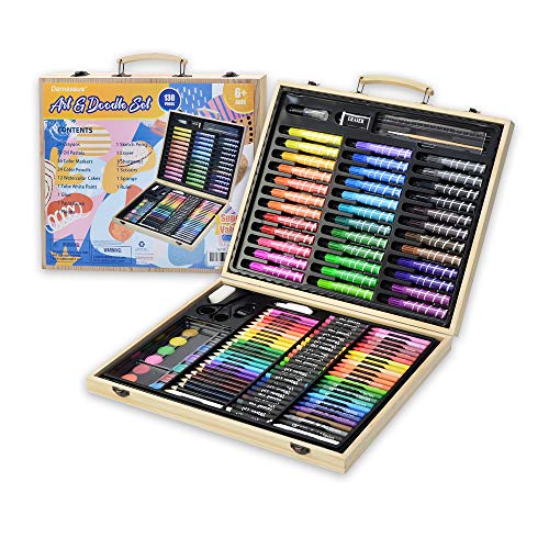 Darnassus 130-Piece Art Set, Deluxe Professional Color Set, with Compact Portable Wooden Case, Art Kit Gift for 4-12 Age