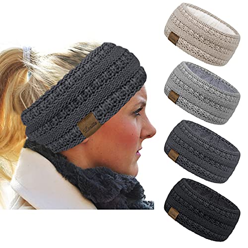 Loritta 4 Pack Womens Winter Headbands Fuzzy Fleece Lined Ear Warmer Cable Knit Thick Warm Crochet Headband Gifts, ZS A Pure Design Black+Beige+Dark Grey+Light Grey