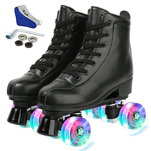 YYW Roller Skates for Women Men, High Top PU Leather Classic Double-Row Roller Skates, Indoor Outdoor Roller Skates for Beginner a Shoes Bag (Black Flash Wheel, 38)