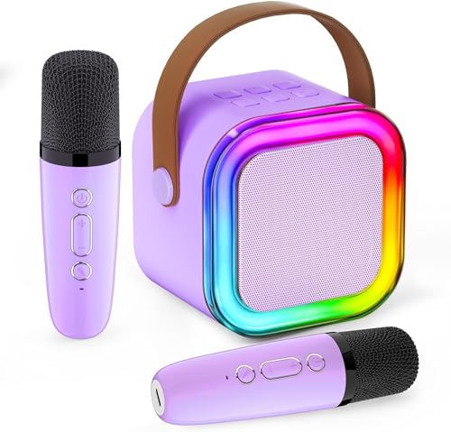 IROO Mini Karaoke Machine for Kids, Karafun Premium with Thousands of Songs, Portable Bluetooth Speaker with 2 Wireless Microphones, Birthday Toy Gifts for Girls 4, 5, 6, 7, 8, 9, 10, 12 + (Purple)