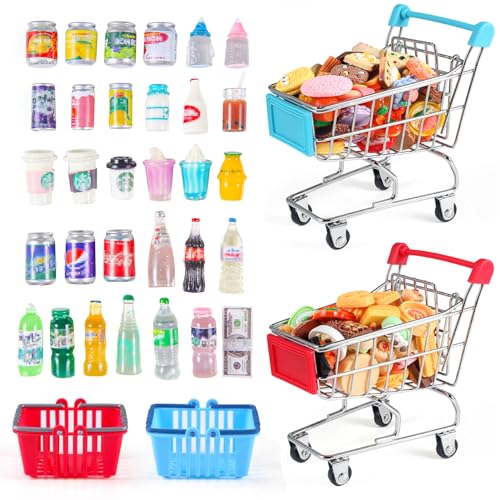 134pcs Mini Shopping Cart Basket Miniature Food Drink Bottle Supermarket Metal Handcart Toys Doll House Store Cosplay Game Dollhouse Grocery Fruit Cake Bread Party Trolley Model Dollar Bills