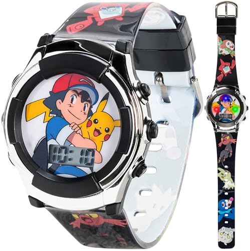 Accutime Kids Pokemon Ash & Pikachu Digital LCD Quartz Multicolor Wrist Watch with Black Strap, Cool Inexpensive Gift & Party Favor for Boys, Girls, Adults All Ages (Model: POK3018-AAZ)