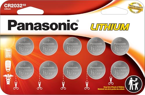 Panasonic CR2032 3.0 Volt Long Lasting Lithium Coin Cell Batteries in Child Resistant, Standards Based Packaging, 10 Pack