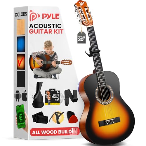 Pyle Beginner Acoustic Guitar Kit, 1/4 Junior Size All Wood Build Nylon String Instrument with Capo, Gig Bag, Strap, Extra String Set, Guitars for Beginners Adults Youth, 30' Sunburst Teardrop Gloss