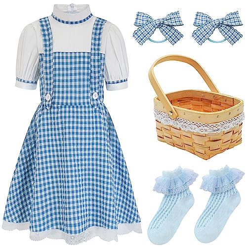 HMPRT Dorothy Costume for Girls,Kids Halloween Wizard Of Oz Book Storybook Character Costumes Dress Basket Blue Socks Hair Bows 8