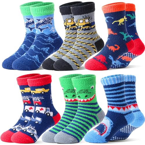 Welwoos Kids Boys Toddlers Fuzzy Slipper Socks with Grips Non Slip Warm Fluffy Winter Thick Fun Cozy Crew Hospital Gripper Socks 6 Pairs Christmas Gifts Stocking Stuffers (Animal & Cars,4-7 Years)