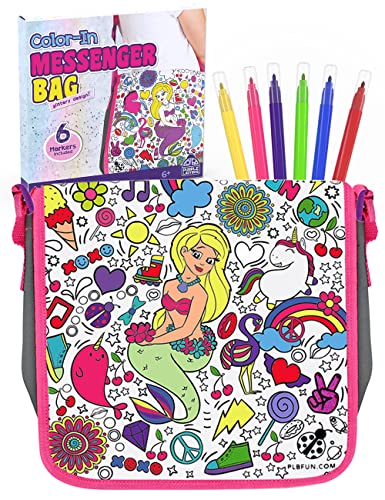 PURPLE LADYBUG Color Your Own Bag with 6 Markers Craft Set - Unique Mermaid Crafts for Girls Ages 6-8 & Mermaid Gifts for Girls 5-7 Years Old, Craft Kits for Girls Ages 6-8, Christmas Gifts