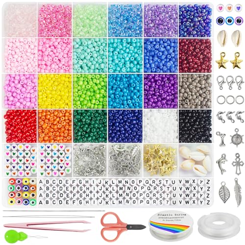 Redtwo 4mm Glass Seed Beads for Jewelry Bracelet Making Kit, Small Beads Friendship Bracelet Kit, Tiny Waist Beads Kit with Letter Beads and Elastic String, DIY Art Craft Girls Gifts.