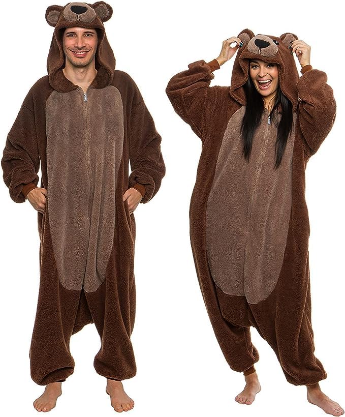 Funziez! Sherpa Bear Adult Onesie - Animal Halloween Costume - Plush Teddy One Piece Cosplay Suit for Adults, Women and Men