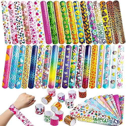 JOYIN 144 Pcs Slap Bracelets for Kids Bulk Wristbands with Animals, Friendship, Heart Print 36 Designs, for kids Easter Party Favors, Classroom Prizes Exchanging Gifts