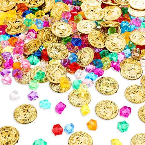 Pirate Treasure 100 Pieces Gold Coins and 100 Pieces Gem Jewelry Treasure Fake Gold Coins Toys for Pirate Party Decorations Halloween Adventure Themed Event Party Supplies